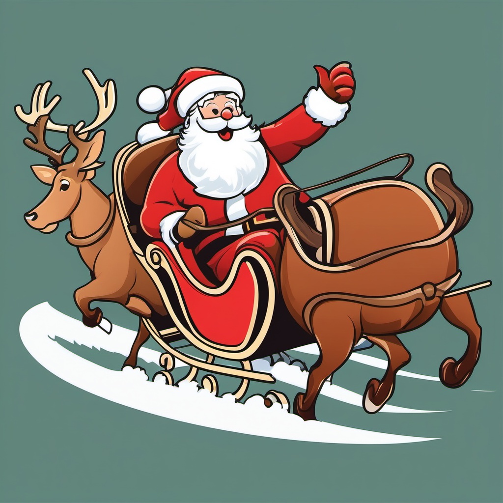 Santa's sleigh clipart, Santa Claus riding his sleigh pulled by reindeer.  simple, 2d flat