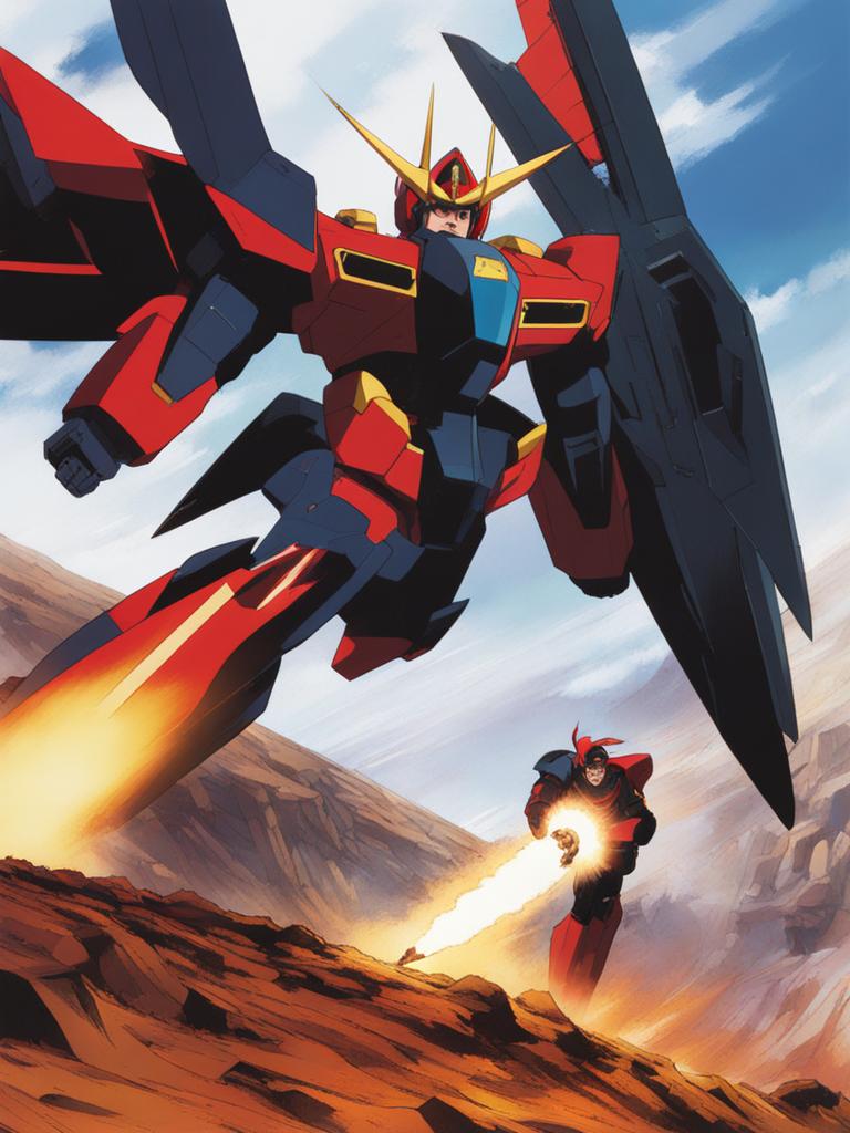 simon pilots the lagann mecha, drilling through the earth's crust in a subterranean battle. 