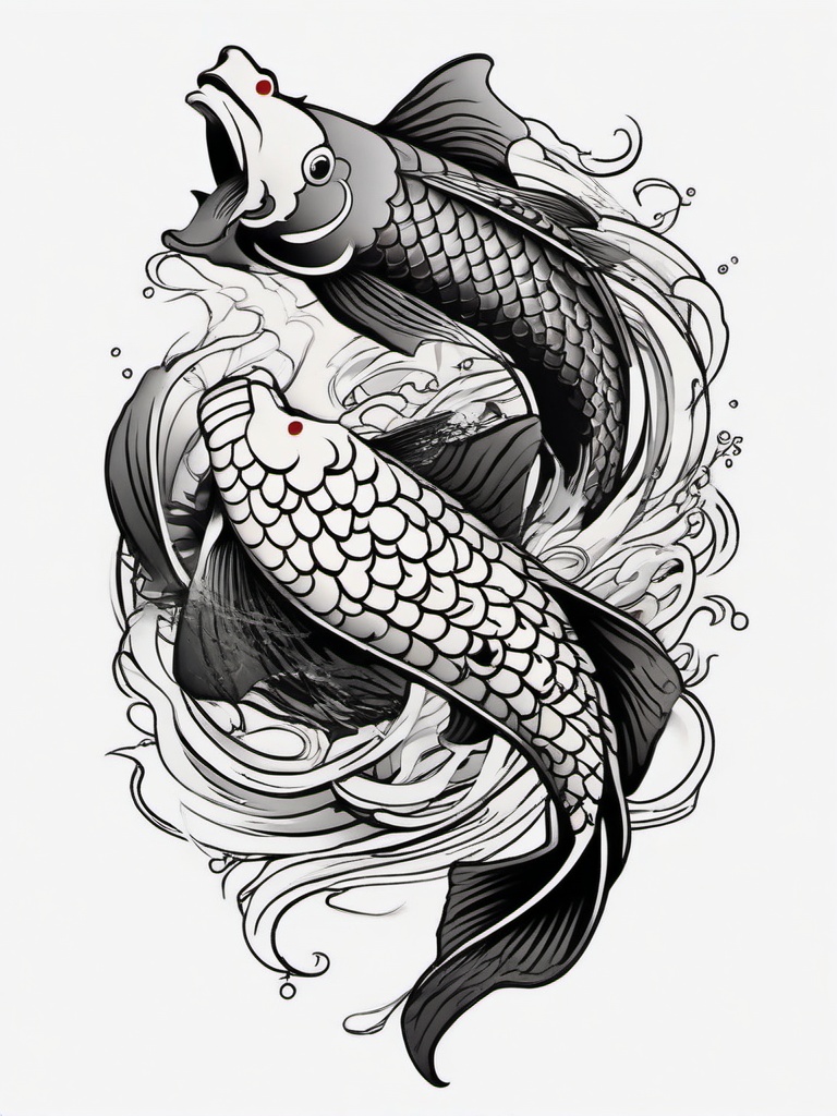 Demon Koi Fish Tattoo - Combines the strength and beauty of Koi fish with demonic elements in tattoo design.  simple color tattoo,white background,minimal