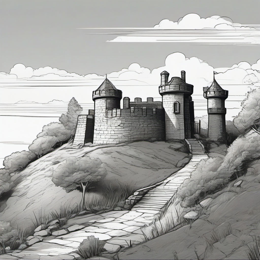 line drawing in comic style of a small fort from a distance 