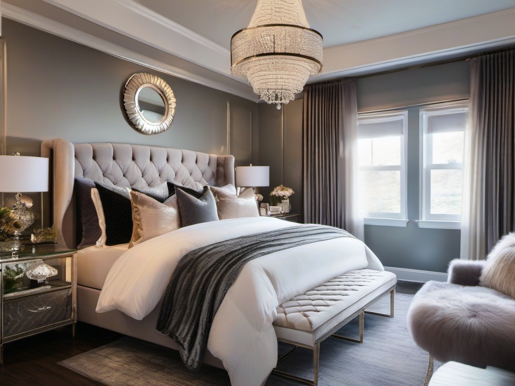 Luxury Glam bedroom offers plush bedding, elegant accents, and stylish decor, creating an upscale yet cozy environment for relaxation.  