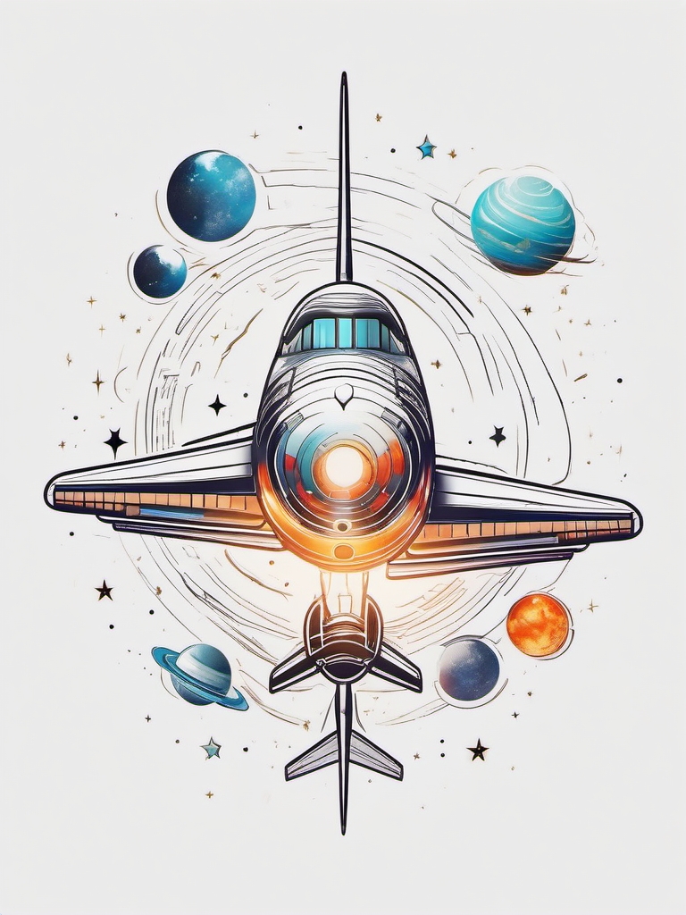 Celestial airplane with stars and planets, adding an otherworldly touch. Colored tattoo designs, minimalist, white background.  color tattoo minimalist white background