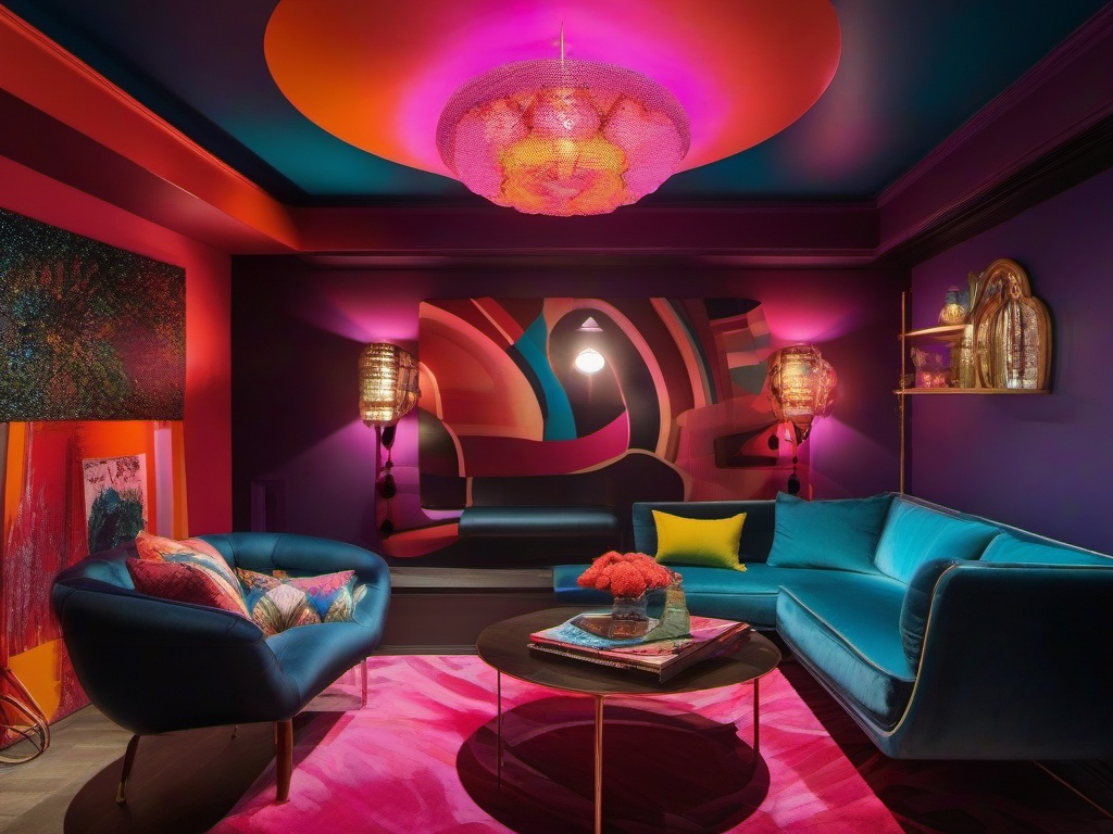 The basement highlights psychedelic interior design with bold colors, eclectic furnishings, and whimsical decor that create a unique space for entertainment and relaxation.  