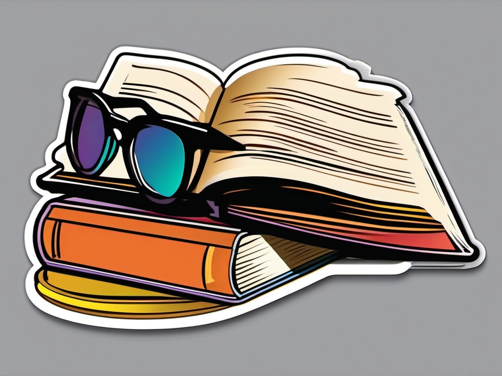 Book and Glasses Sticker - Open book with stylish reading glasses, ,vector color sticker art,minimal