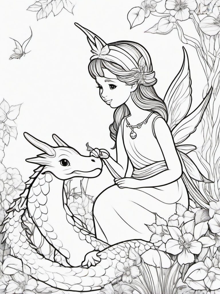 Fairy and a Tiny Dragon Coloring Pages - Fairy Befriending a Small, Cute Dragon  minimal black outline printable sheet, coloring page