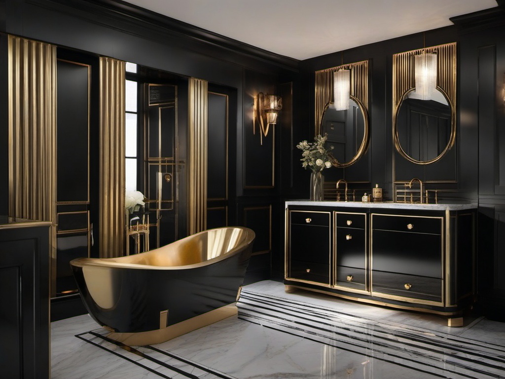 Art deco-inspired bathroom with black and gold finishes.  