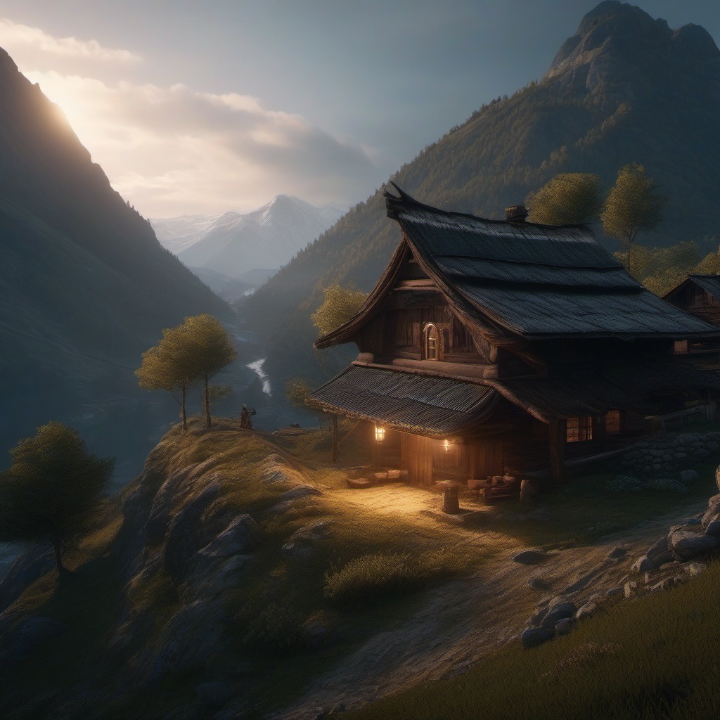 Guardian spirit watches over a remote mountain village, ensuring its safety in times of danger.  8k, hyper realistic, cinematic