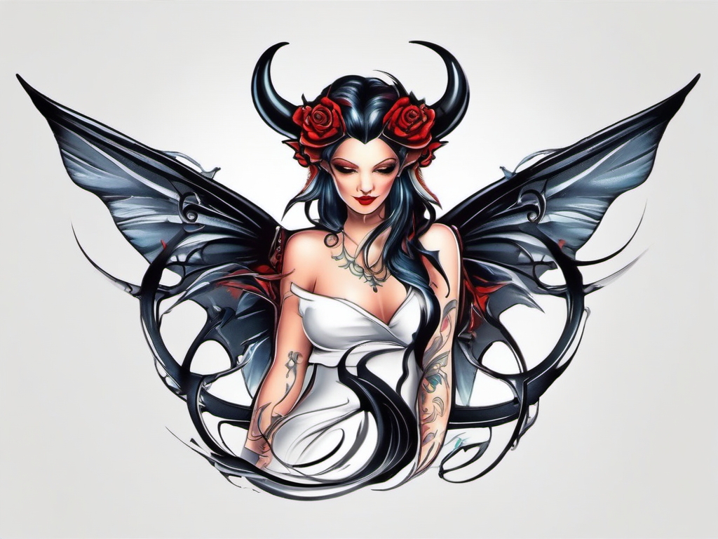 devil fairy tattoo  simple color tattoo style,white background