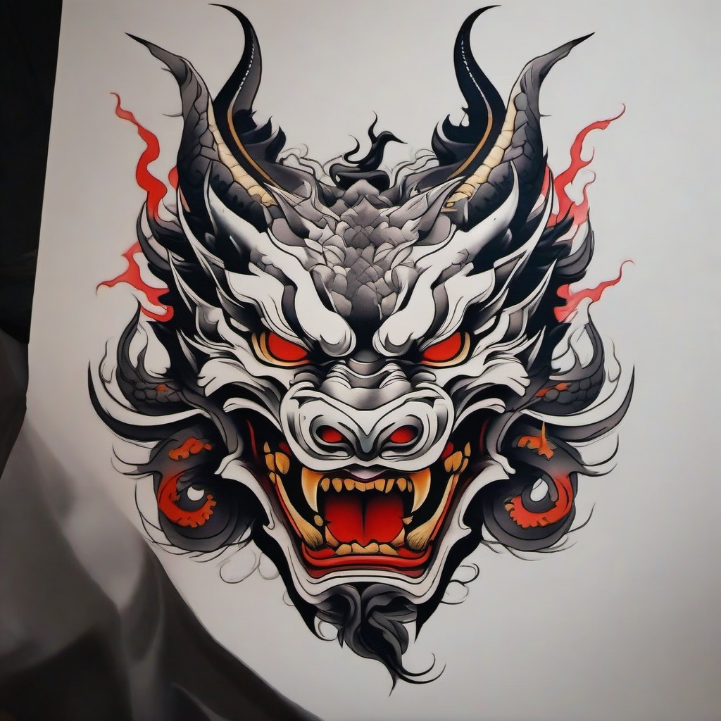 hannya dragon tattoo  simple color tattoo,white background,minimal