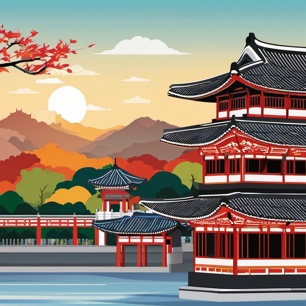 Seoul clipart - Gyeongbokgung Palace and Seoul skyline,  color vector clipart