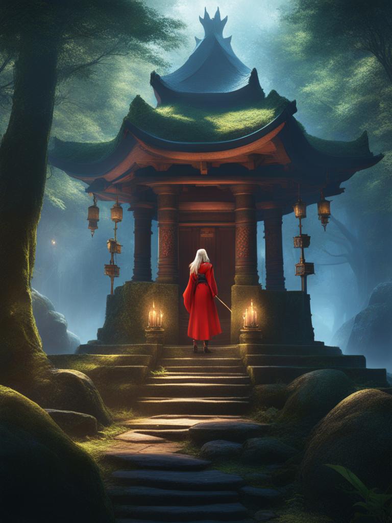 inuyasha,inuyasha the half-demon,protecting a mystical shrine from demons,a sacred forest detailed matte painting, deep color, fantastical, intricate detail, splash screen, complementary colors, fantasy concept art, 8k resolution trending on artstation unreal engine 5