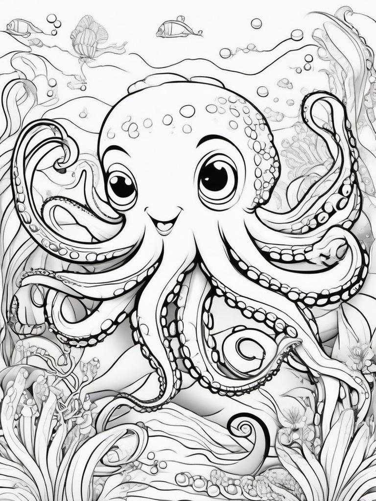 Octopus Coloring Pages - Octopus dancing in a parade of sea creatures  simple coloring pages