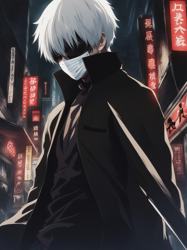 kaneki ken battles a fearsome ghoul adversary in the dimly lit streets of tokyo. 