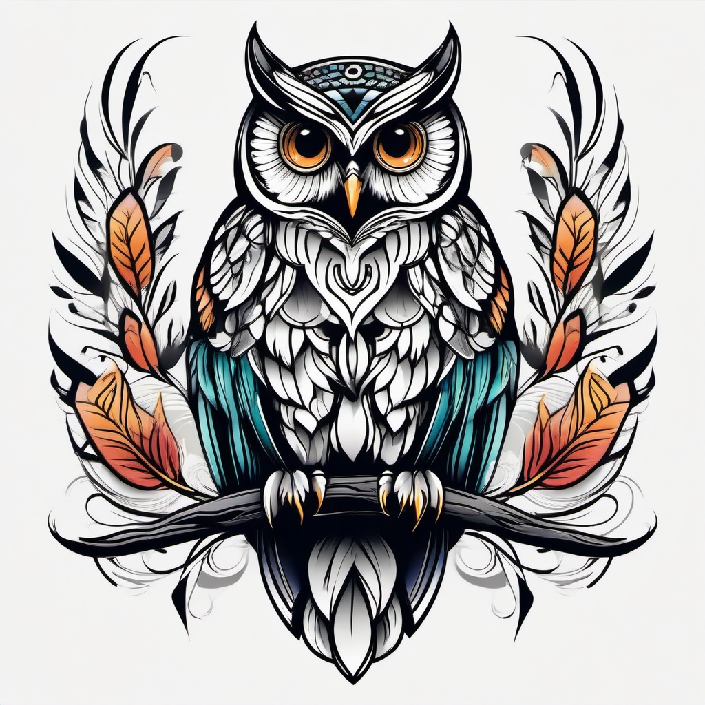 Neo Traditional Owl Tattoo Design - Merge traditional and modern elements in a neo-traditional owl tattoo design.  simple color tattoo,vector style,white background