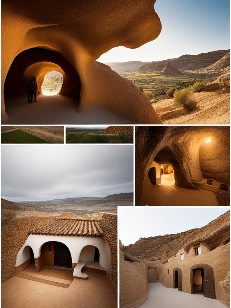 enigmatic guadix cave dwellings - illustrate the enigma of guadix's cave dwellings, where homes are carved into the earth, blending with the landscape. 