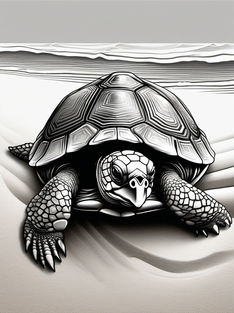 Turtle Tattoo - Wise old turtle crawling along the sandy beach  few color tattoo design, simple line art, design clean white background