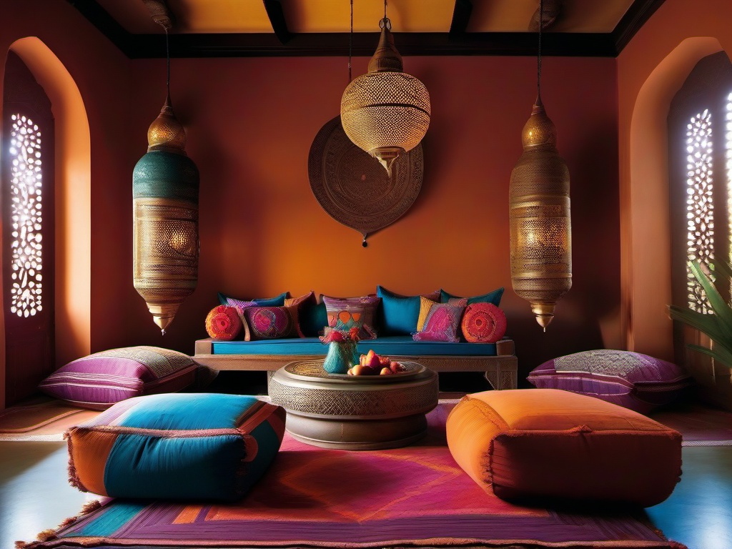 Moroccan living room showcases colorful textiles, low seating, and decorative lanterns, inviting warmth and an exotic touch to the home.  