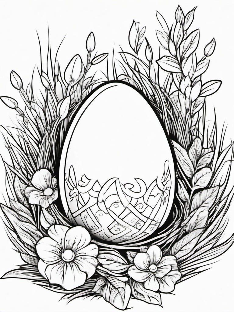 Easter Egg Coloring Pages - Egg in a grassy nest with flowers  simple coloring pages