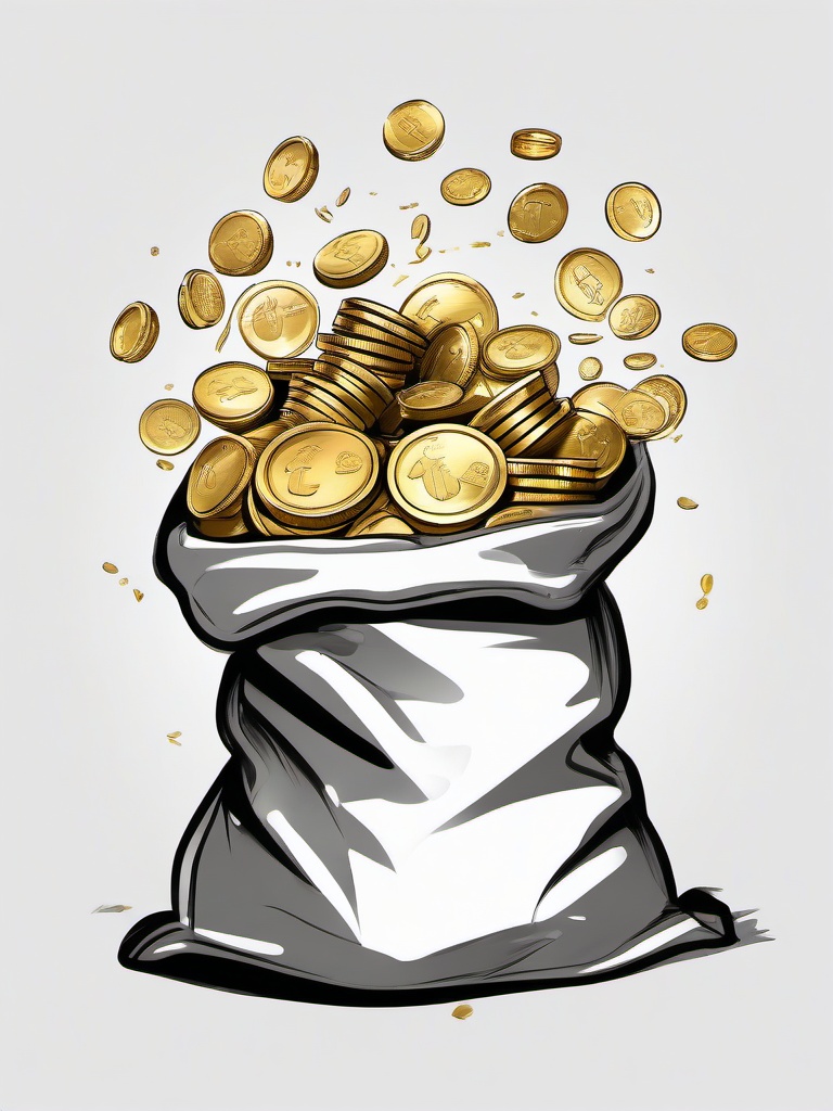 drawing of gold coins spilling out of a bag  minimal rough sketch scribbles,doodles,black and white