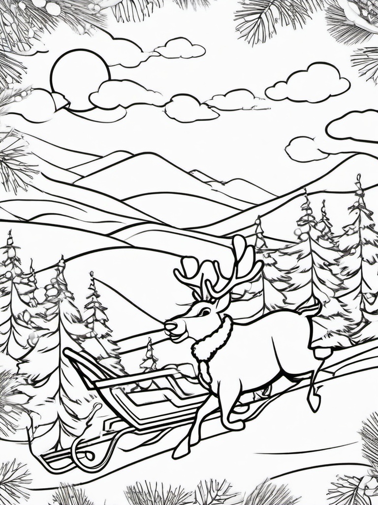 Santa and Rudolph Flying Coloring Pages - Leading the Sleigh with Rudolph  minimal black outline printable sheet, coloring page