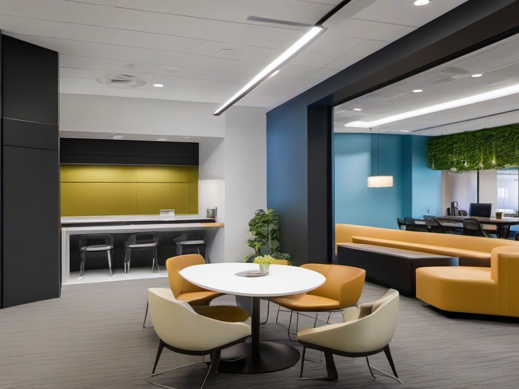 In the office break room, High Tech interior design includes modern furniture, integrated tech solutions, and a sleek aesthetic that encourages relaxation and socialization among employees.  