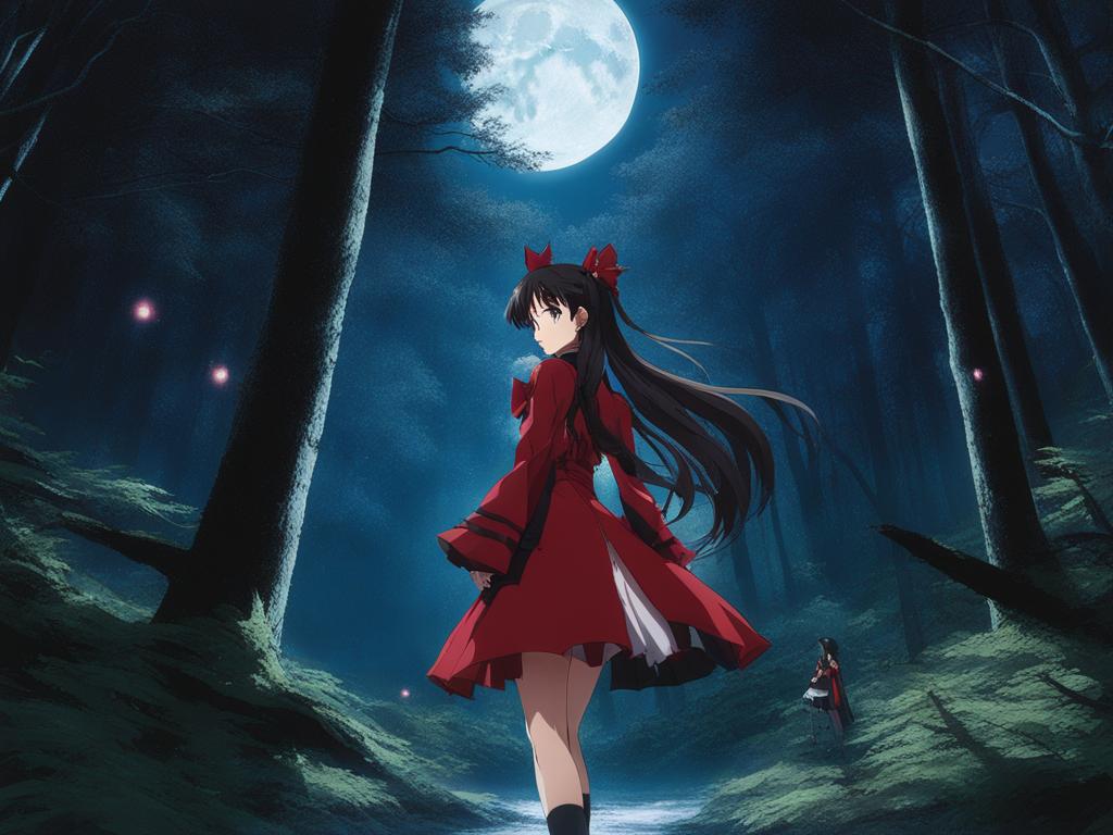 rin tohsaka - confronts a magical adversary in a mystical forest bathed in moonlight. 