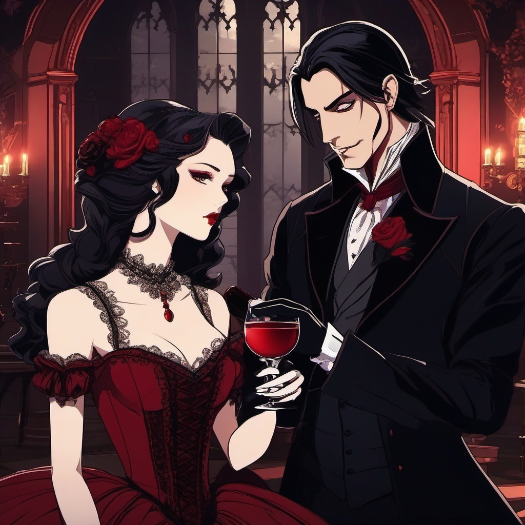 Elegant vampire character and alluring vampire companion, dressed in Victorian attire, elegantly sipping blood-red wine in a dimly lit Gothic castle, as a matching pfp for couples. wide shot, cool anime color style