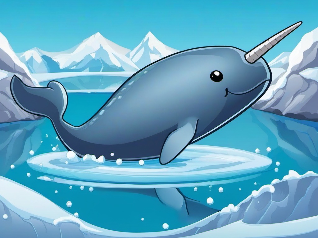 Narwhal Cartoon - Cartoon of narwhal swimming in icy water  