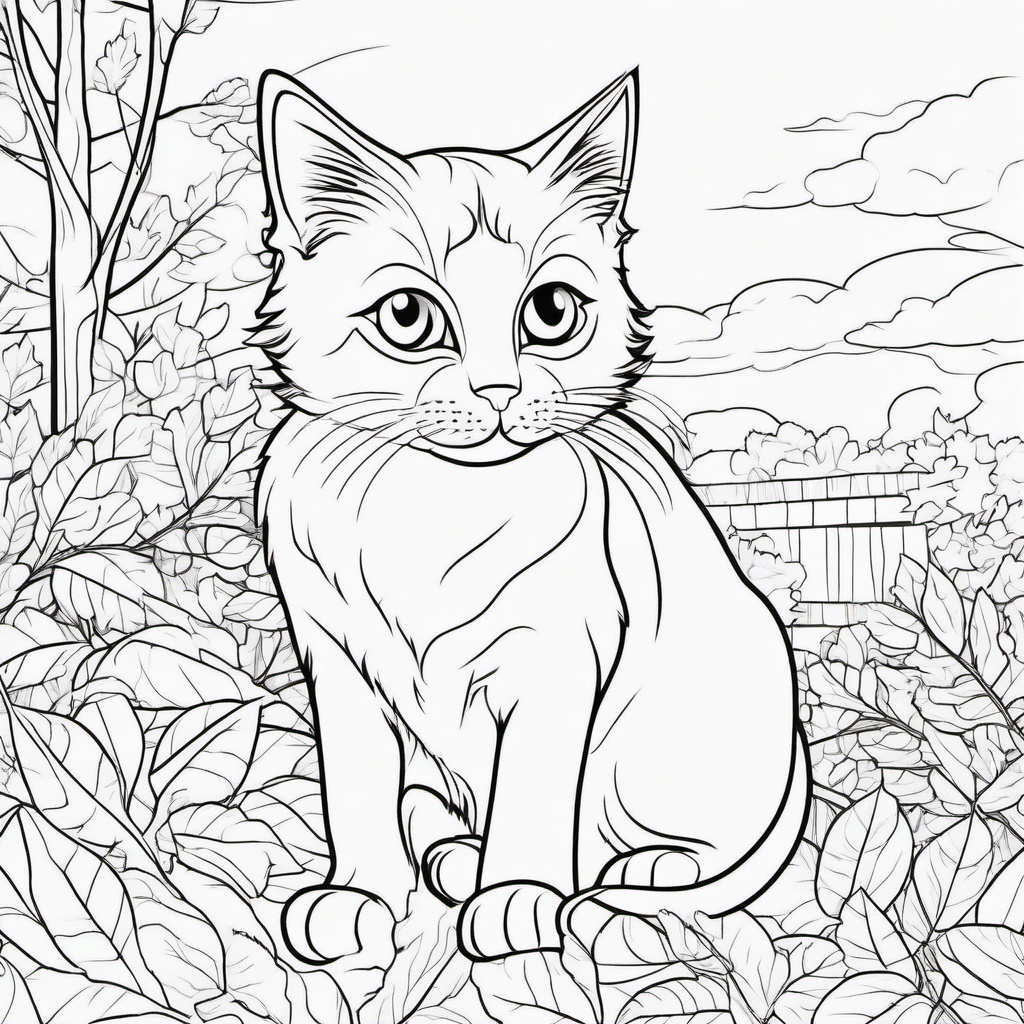 Cat outside fall coloring page for kids
