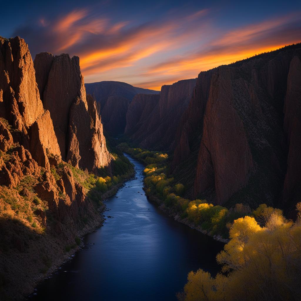 black canyon of the gunnison - craft a night scene of the black canyon, where sheer cliffs and the gunnison river reveal their dramatic beauty under moonlight. 