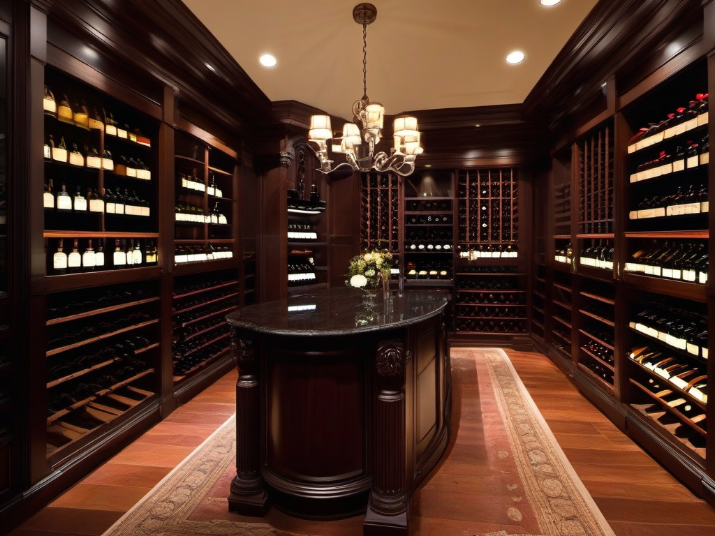 In the wine cellar, American Colonial interior design features dark wood racks, warm lighting, and classic decor that creates a sophisticated atmosphere for wine enthusiasts.  