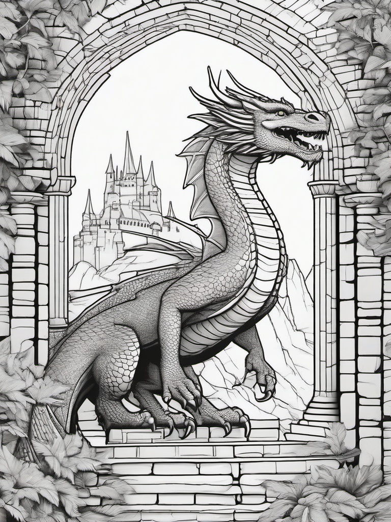 Dragon and Castle Ruins Coloring Pages - Ancient Dragon Amidst Forgotten Walls  minimal black outline printable sheet, coloring page