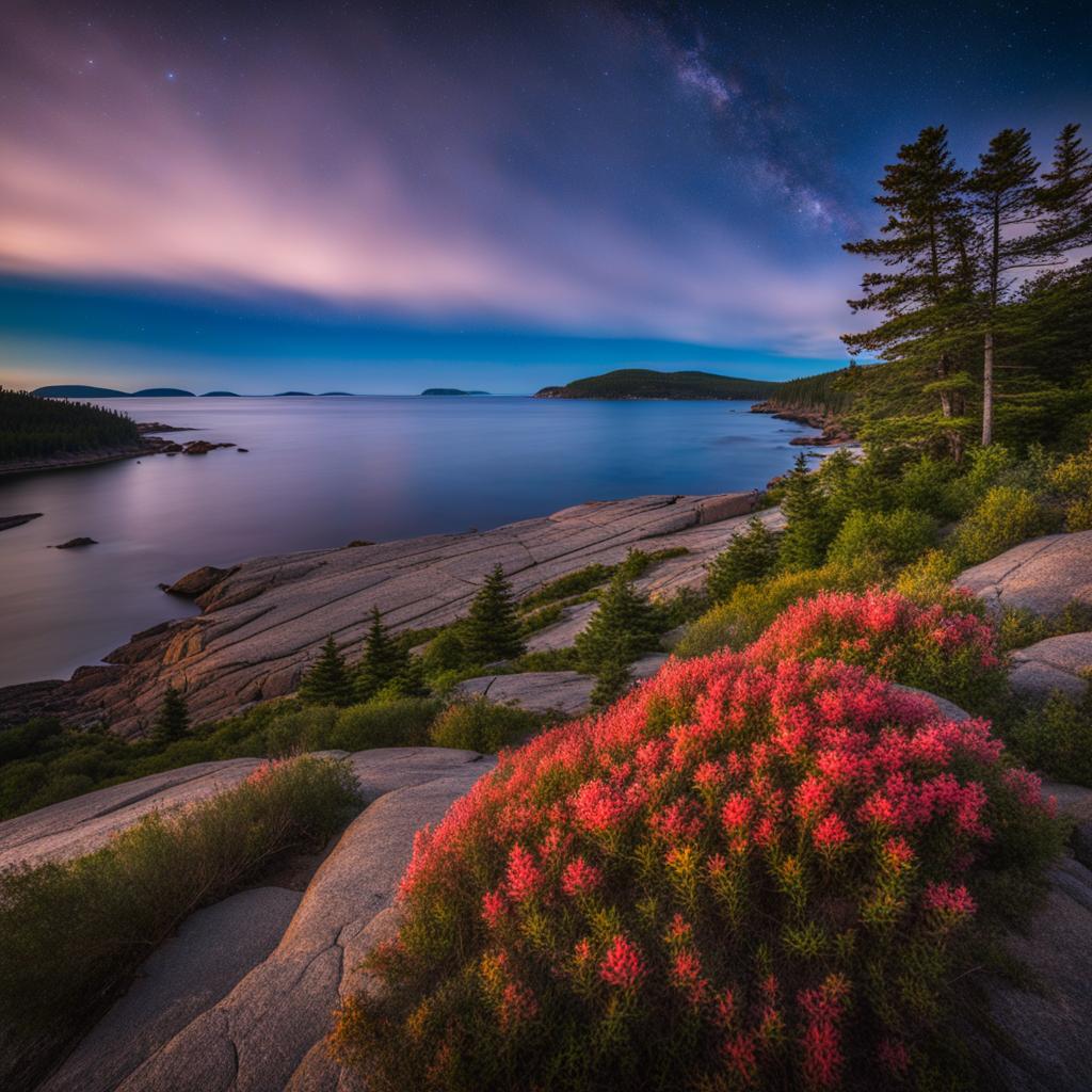 acadia national park - imagine the mesmerizing night atmosphere of acadia national park, where granite peaks, rugged coastline, and starry skies await. 