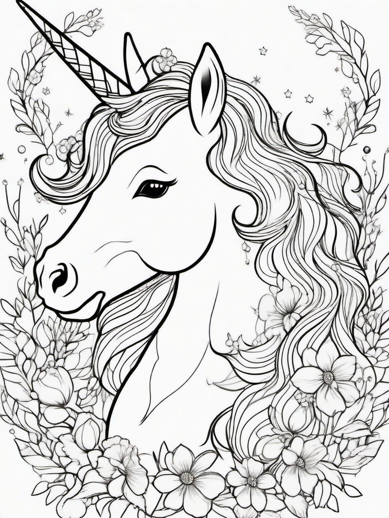 Charming Unicorn Coloring Pages - Delightful Unicorn with a Gentle Smile  minimal black outline printable sheet, coloring page