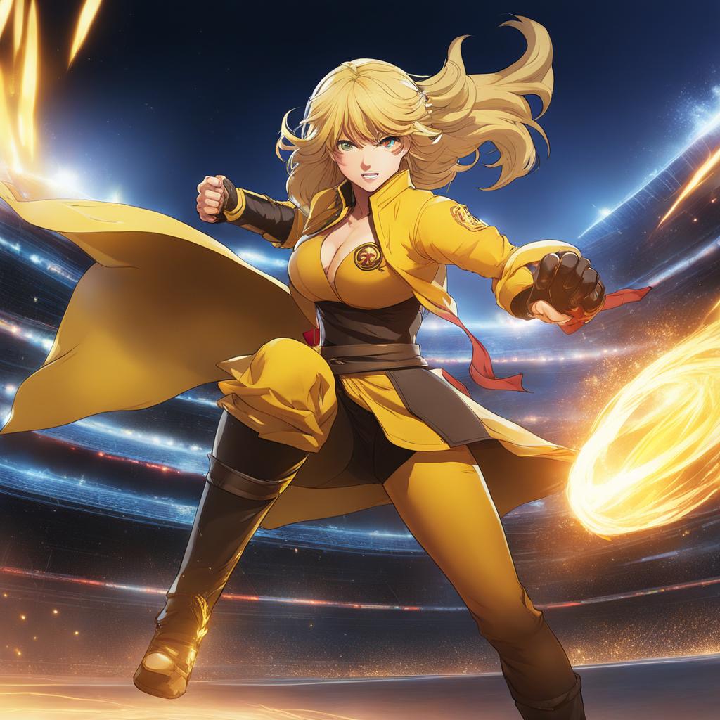 yang xiao long delivers powerful punches and kicks in a high-speed arena. 