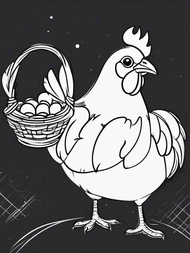 drawing of a cartoon chicken holding a basket  minimal rough sketch scribbles,doodles,black and white