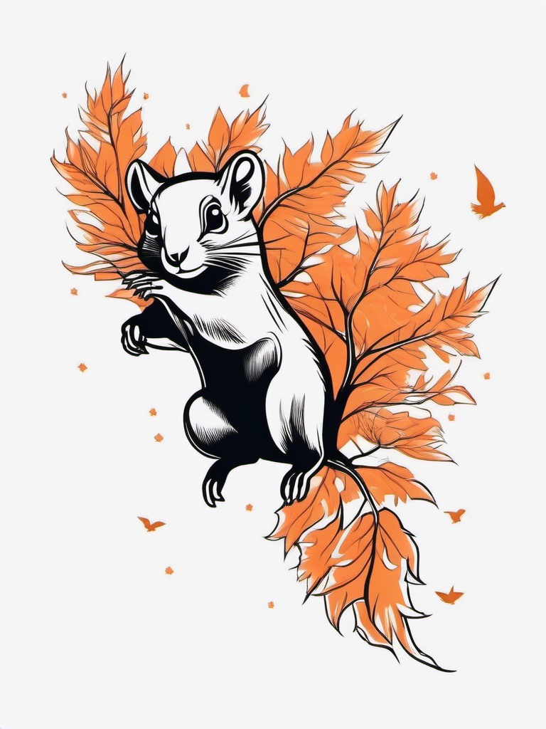 Flying Squirrel Tattoo - Flying squirrel soaring between trees  few color tattoo design, simple line art, design clean white background