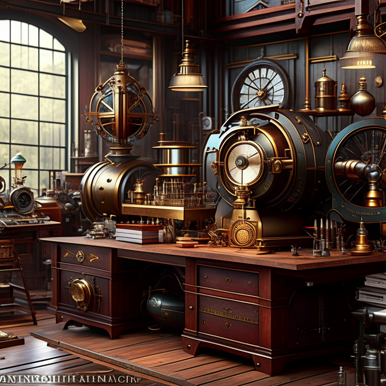 steampunk workshop featuring a colossal automaton and brass-plated workbenches. 