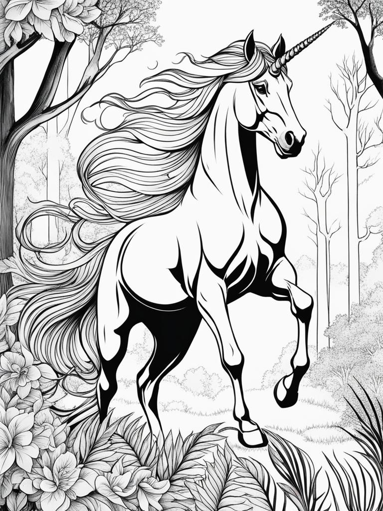 unicorn coloring pages - a graceful unicorn gallops through a mystical forest. 