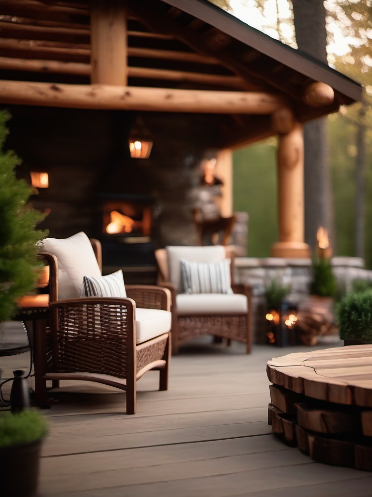 Rustic Patio Getaway - Rustic patio getaway with log furniture and a stone fireplace. realistic, professional photography, bokeh, natural lighting, canon lens, shot on dslr 64 megapixels sharp focus