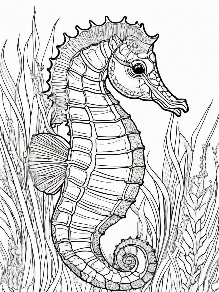 Sea Animal Coloring Pages - Seahorse hiding among seaweed  simple coloring pages