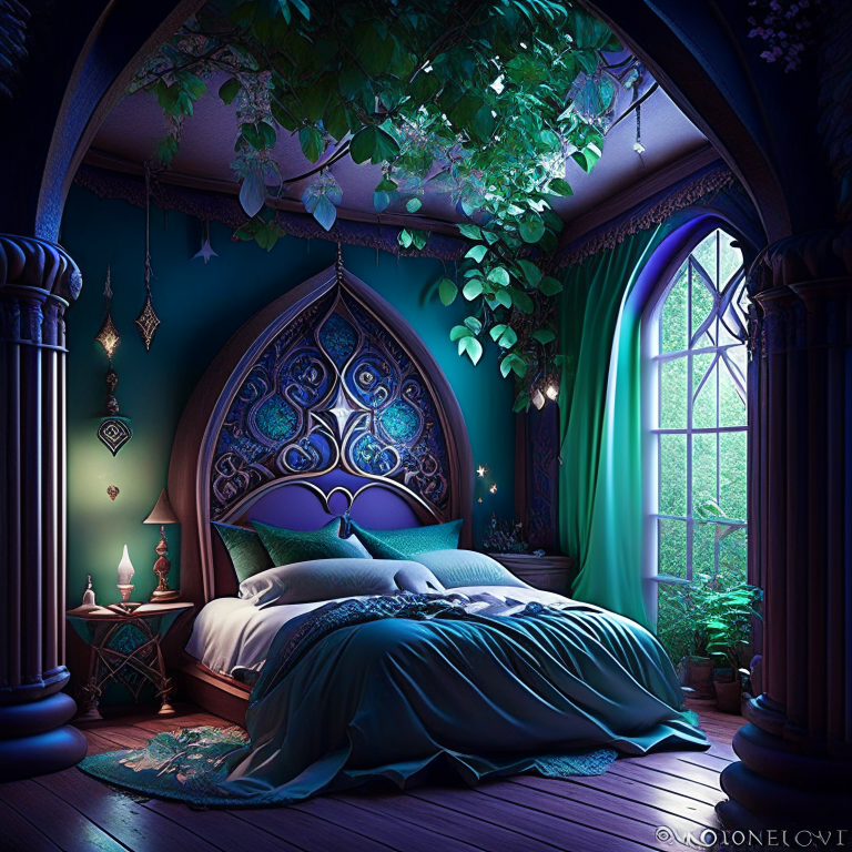 elf kingdom bedroom with elven patterns and ethereal lighting. 