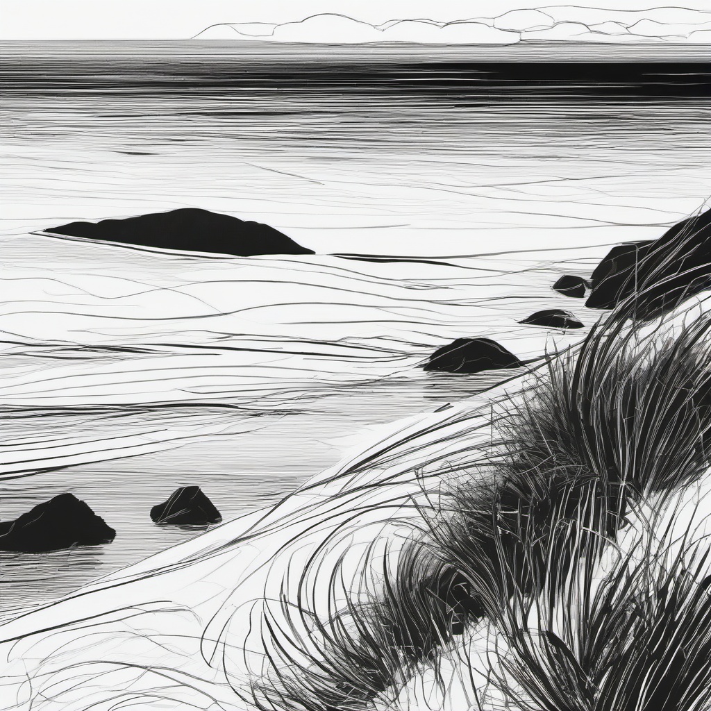 drawing of seaside  minimal rough scribbles,doodles,black and white