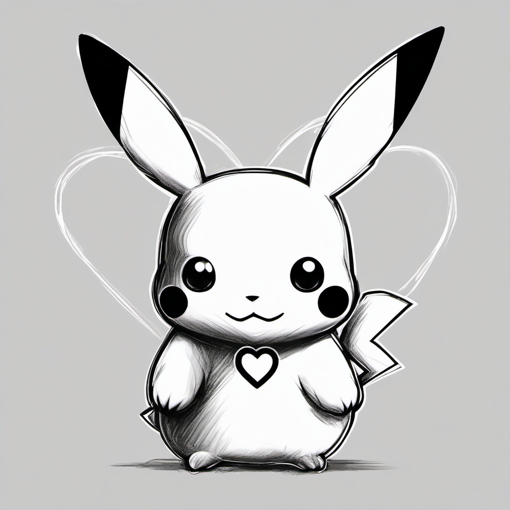 drawing of Pikachu with a heart  minimal rough sketch scribbles,doodles,black and white