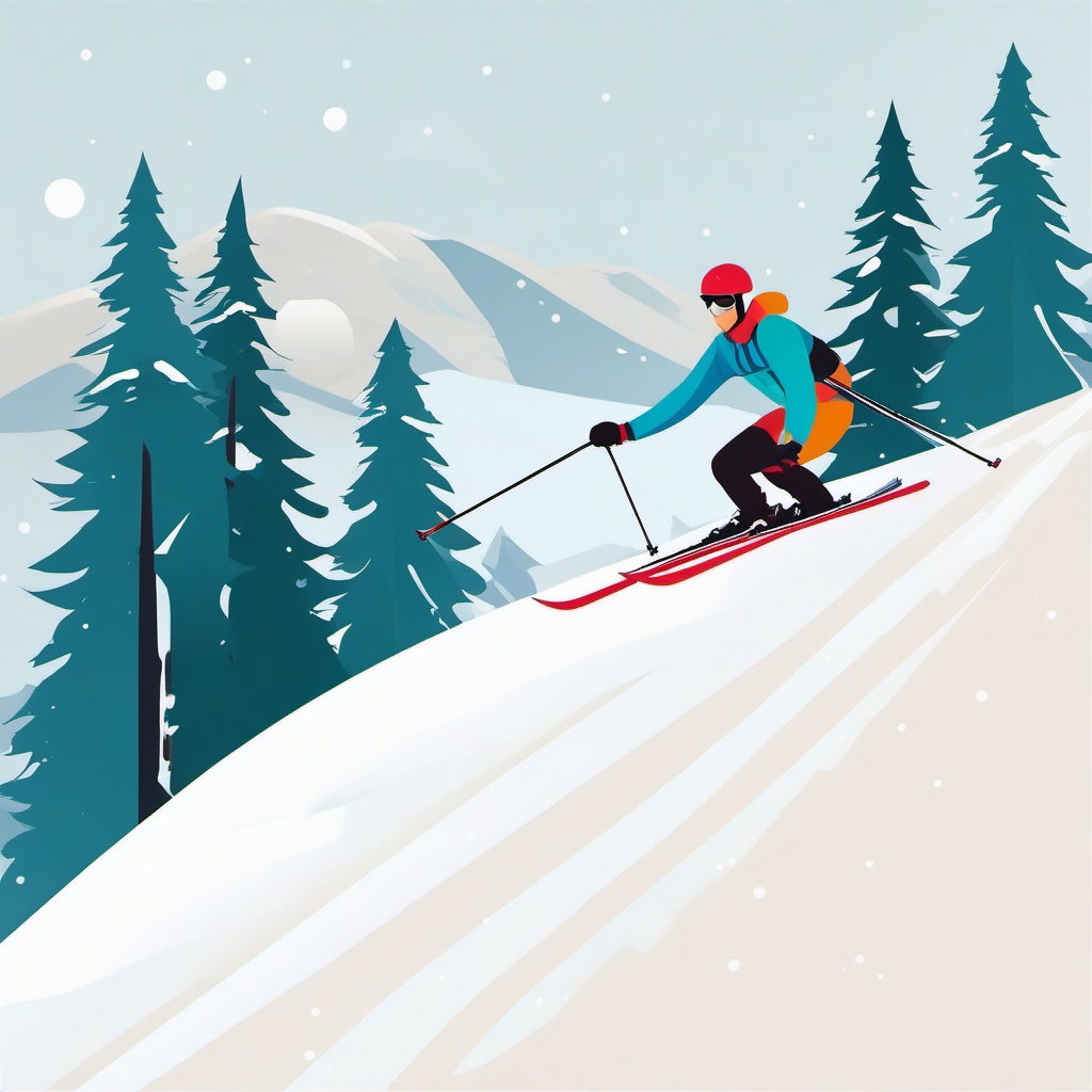 Snow Skiing Downhill Clipart - Skiers descending a snowy hill.  color vector clipart, minimal style