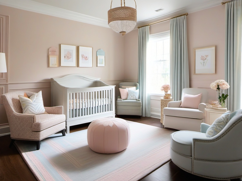 The nursery features traditional interior design with soft pastel colors, classic furnishings, and timeless decor that create a serene and nurturing space for the baby.  