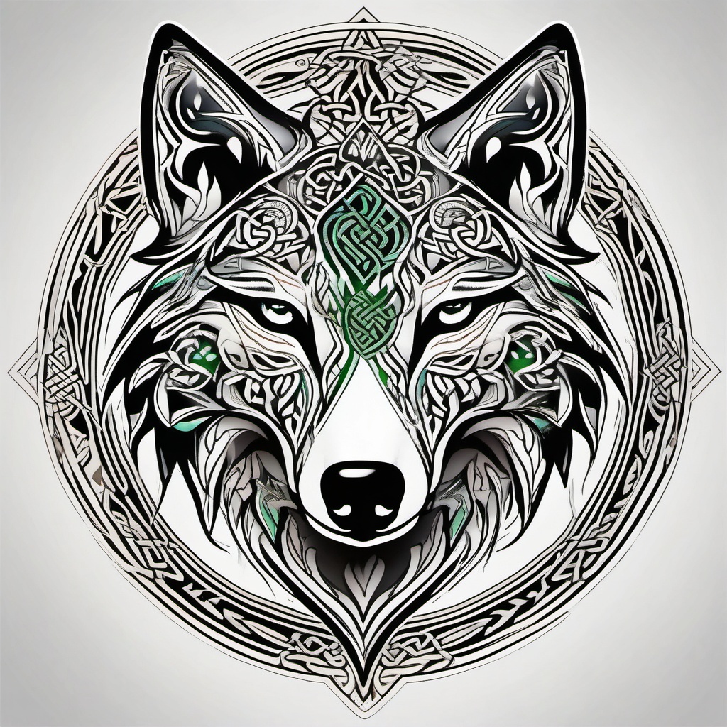 Celtic Tribal Wolf Tattoo,tribal wolf art infused with intricate Celtic patterns, celebration of ancient wisdom. , color tattoo design, white clean background