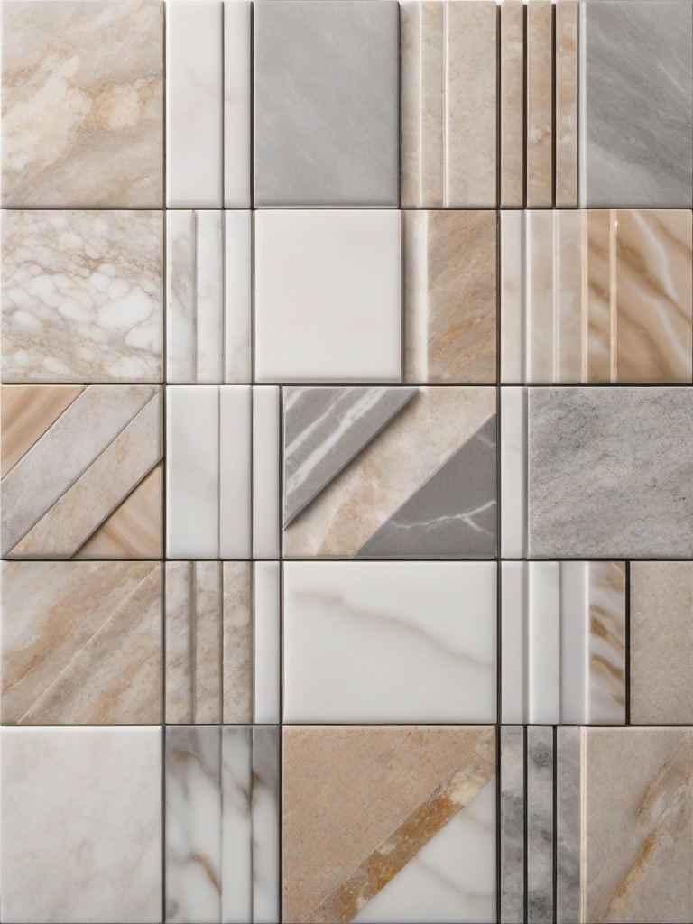 Granite and porcelain and travertine and marble and granite alternating tile layout top view, product photoshoot realistic background, hyper detail, high resolution