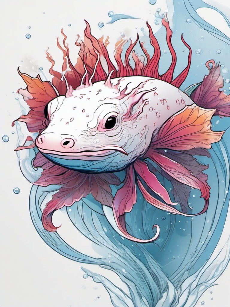 Axolotl Tattoo - Unique axolotl floating in the water, a symbol of regeneration  few color tattoo design, simple line art, design clean white background