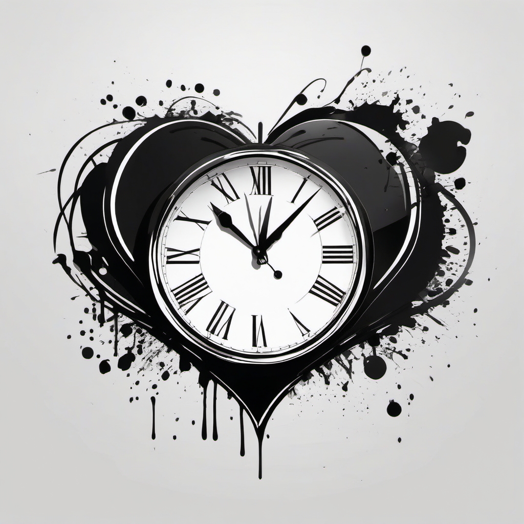 Black heart and clock ink. Time's mark on emotions.  minimalist black white tattoo style